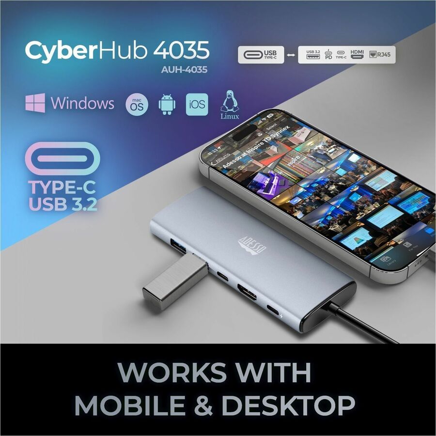 Adesso AUH-4035 7 in 1 Docking Station, Supports USB C to x1 4K HDMI, 3x USB-A 3.2, 1x PD, 1x Micro SD, 1x SD Card Adesso AUH-4035 7 in 1 Docking Station, Supports USB C to x1 4K HDMI, 3x USB-A 3.2, 1x PD, 1x Micro SD, 1x SD Card